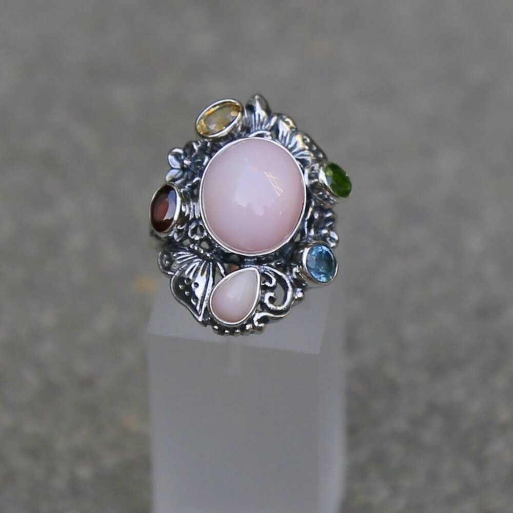 Bali Legacy ✦ Pink Opal & Multi Gemstone Ring ✦ 5.40ctw Sterling Silver Floral - Picture 14 of 16